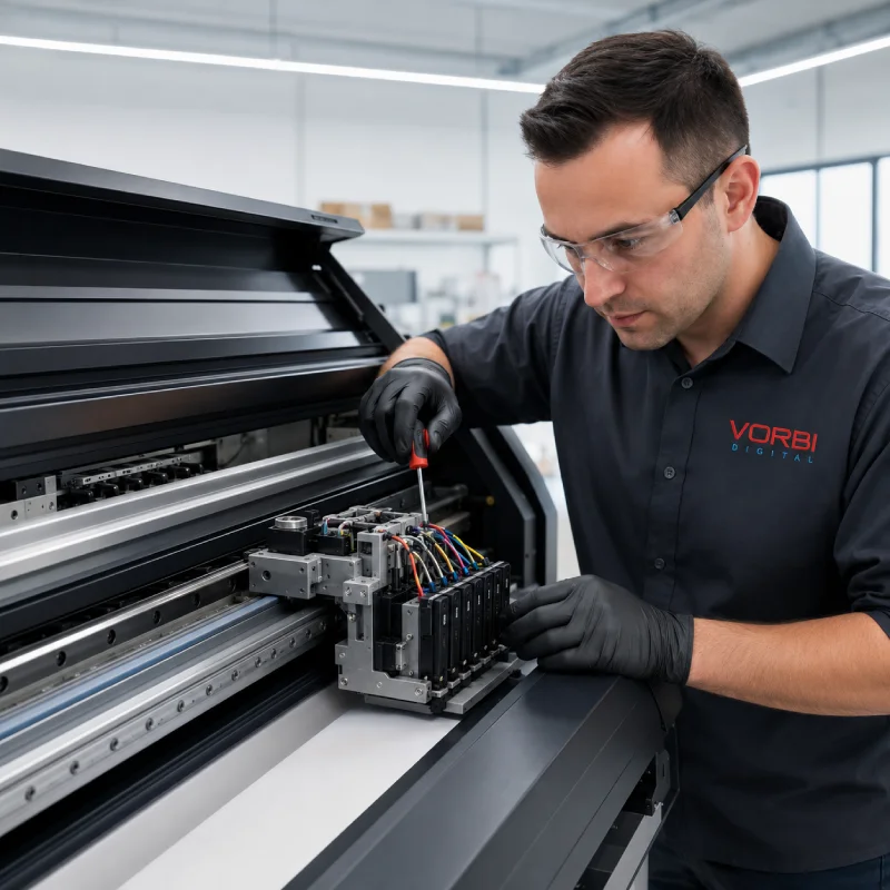 técnico Vorbi realizando manutenção em impressora industrial